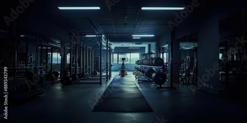 Panel kuchenny z motywem Wide angle photography of an empty modern gym room interior full of weights, bars and racks. Artificial lighting illuminating the room, nighttime shadows, no people. Nobody.