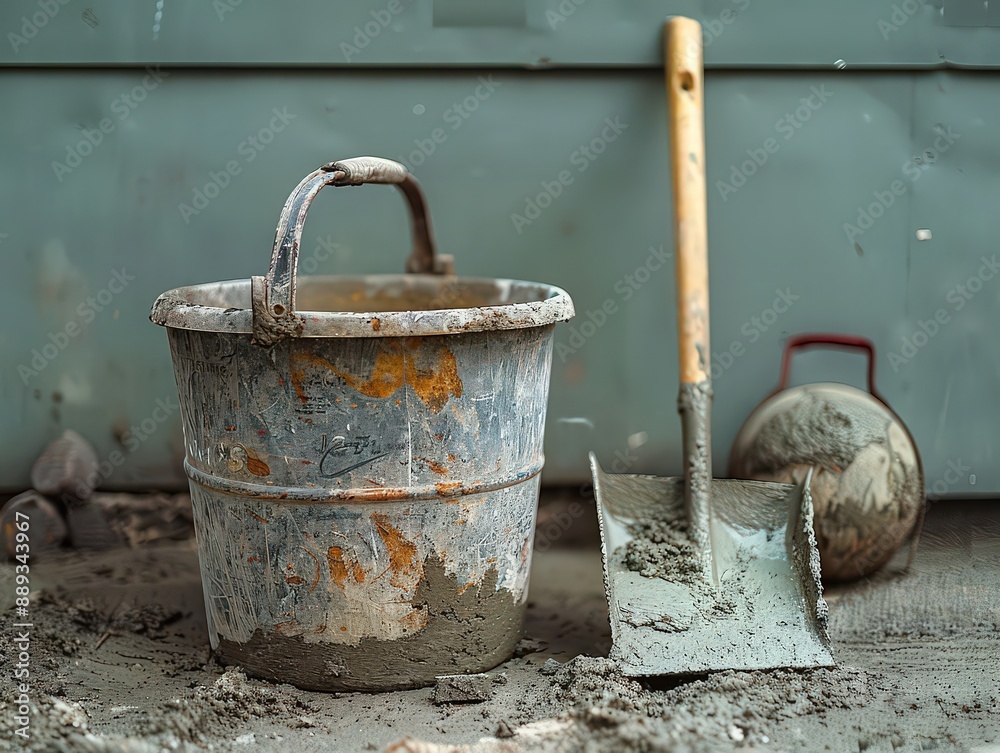 detailed image of a construction site with a rusty bucket, a shovel covered in cement, and a worn hard hat, highlighting the tools and labor involved in building work detailed image of a construction site with a rusty bucket, a shovel covered in cement, and a worn hard hat, highlighting the tools and labor involved in building work