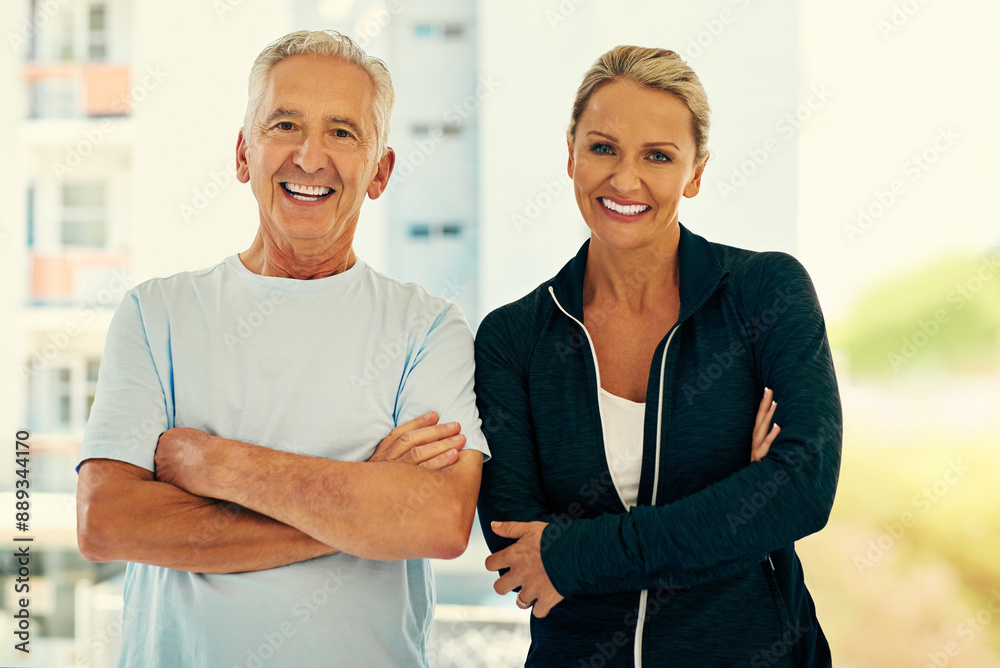 Fototapeta premium Senior man, woman and physiotherapy in portrait with elderly care in retirement at fitness center for healing. Physiotherapist, patient and arms crossed with confidence, rehabilitation and trainer