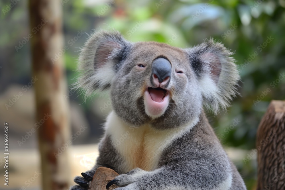 Fototapeta premium A koala bear sitting against a lush, green background with its mouth open, showcasing its furry ears and distinct nose.