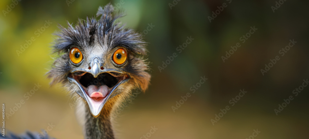 Obraz premium A close-up of an emu with its mouth open and bright, yellow eyes, showing the details of its beak and feathers.