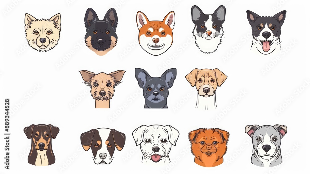 Modern cartoon pet icons set of 9, symmetrically arranged on white background