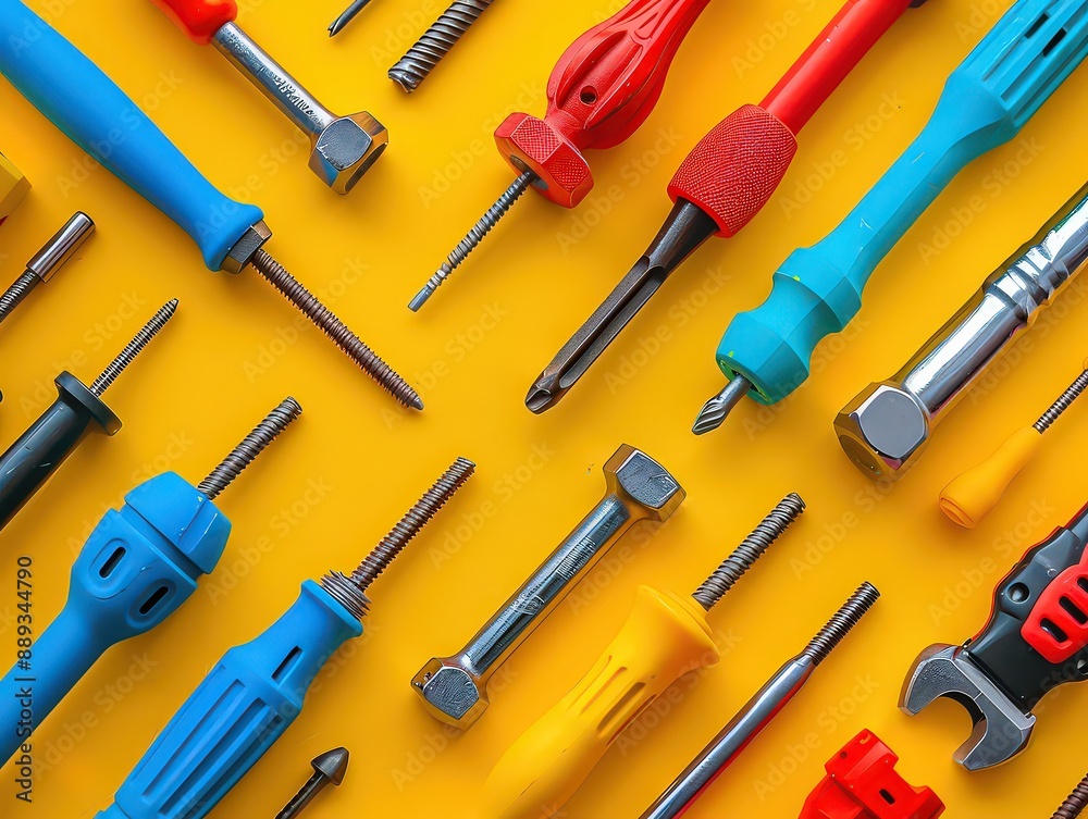 Obraz premium Photograph a variety of screwdrivers with screws scattered around on a simple background, with space for text about assembly, fixing, or the basics of construction.