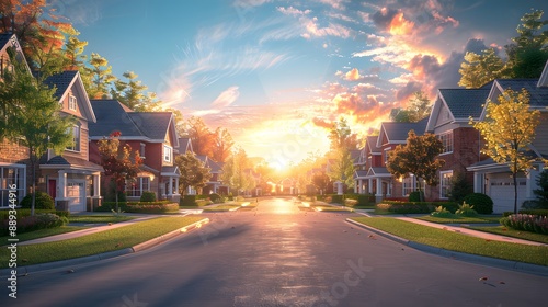 A suburban street at sunset, rows of colorful two-story houses, manicured lawns, tree-lined sidewalks, wide asphalt road, golden hour lighting, clear blue sky, peaceful neighborhood.