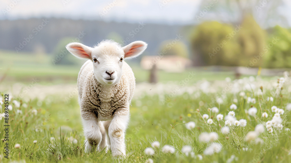 Fototapeta premium A baby sheep is walking through a field of flowers. The sheep is small and fluffy, and it is enjoying the fresh air and the beautiful scenery. The field is filled with a variety of flowers