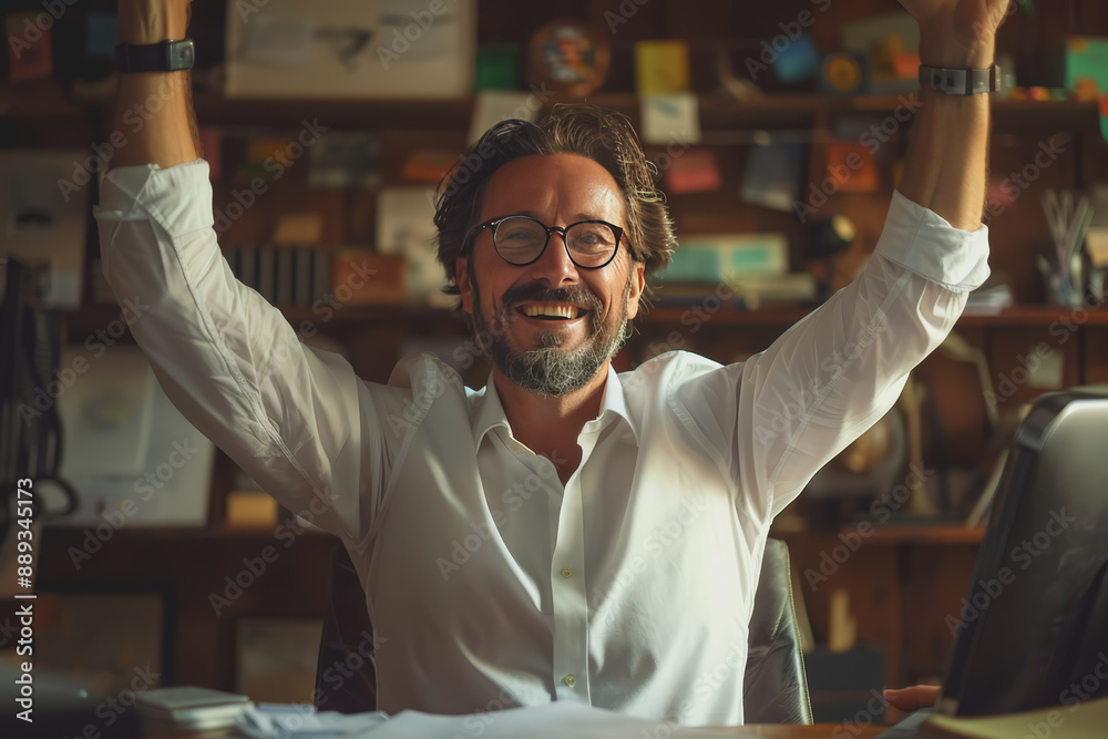 Obraz premium Successful happy businessman sitting in his office and raising his hands.