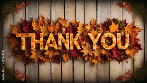 Autumnal Thank You Message Made of Fall Leaves on Wood Fence