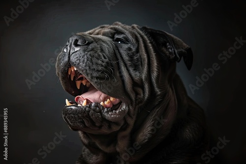 Portrait of a dog with an open mouth showing teeth