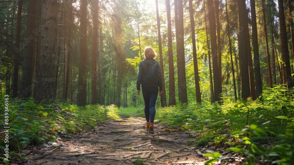 Obraz premium A person practicing mindfulness while walking through a peaceful forest, paying attention to their surroundings