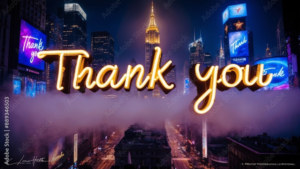 Illuminated Thank You Sign Over Foggy Nighttime Manhattan Skyline Illuminated Thank You Sign Over Foggy Nighttime Manhattan Skyline