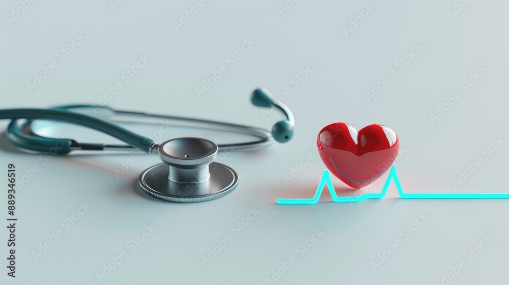 Heartbeat line with 3D heart and stethoscope on white background Heartbeat line with 3D heart and stethoscope on white background