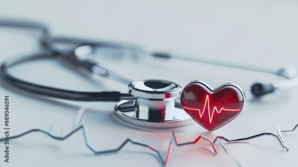 Heartbeat line with 3D heart and stethoscope on white background Heartbeat line with 3D heart and stethoscope on white background