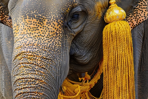 Closeup portrait of an elephant adorned with golden headdress photo