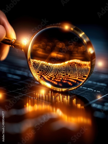 Highresolution closeup of a hand holding a magnifying glass over market research documents during an audit, highquality, sharp focus, detailed text, professional atmosphere photo