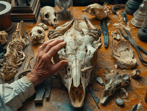 collection of animal skulls and bones arranged on a wooden table, with a hand gently touching one of the larger skulls. 