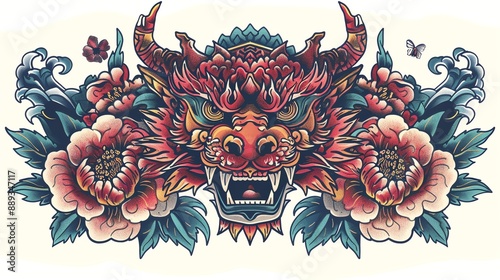A traditional Japanese tattoo design of a dragon head with flowers and waves. photo