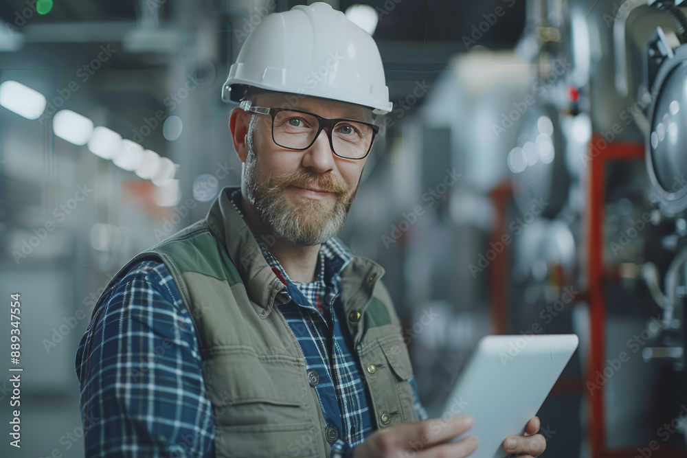 Happy engineer in safety suit holding tablet, monitoring and controlling automatic robot arm machine Happy engineer in safety suit holding tablet, monitoring and controlling automatic robot arm machine