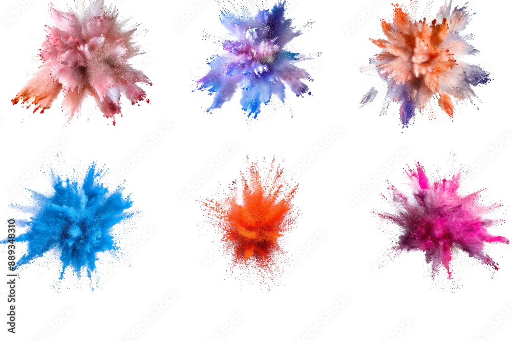 Various frozen powder explosions, each bursting with bright colors, isolated on a white background, representing festive celebrations Various frozen powder explosions, each bursting with bright colors, isolated on a white background, representing festive celebrations