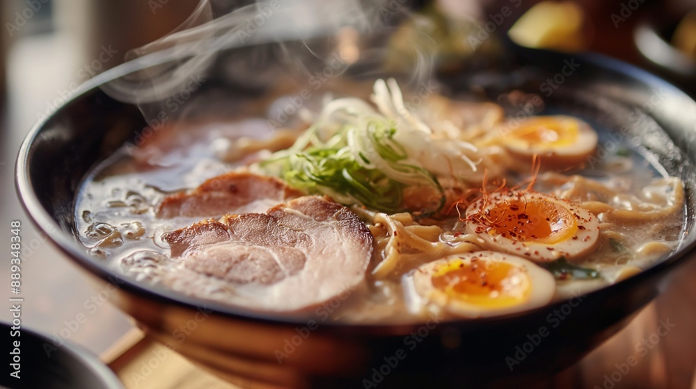 a steaming bowl of ramen, toppings perfectly placed a steaming bowl of ramen, toppings perfectly placed