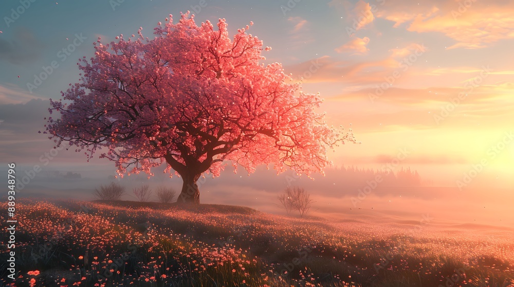 Cherry blossom tree in full bloom, early morning sunrise, golden light, misty meadow, dew-covered grass, clear blue sky, soft pink petals, lone tree on hill, tranquil countryside. Cherry blossom tree in full bloom, early morning sunrise, golden light, misty meadow, dew-covered grass, clear blue sky, soft pink petals, lone tree on hill, tranquil countryside.