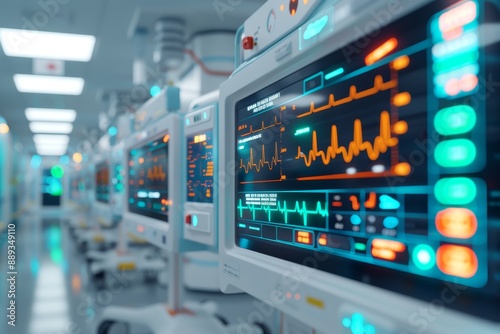 modern hospital intensive care unit with heart rate monitors and medical equipment displaying vital signs data in a sterile and clean environment.