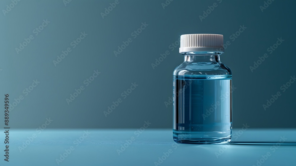 Clear glass medicine bottle, transparent liquid, white cap, soft blue background, bokeh effect, pharmaceutical photography, crystal clear focus, medical science concept, clean aesthetic. Clear glass medicine bottle, transparent liquid, white cap, soft blue background, bokeh effect, pharmaceutical photography, crystal clear focus, medical science concept, clean aesthetic.