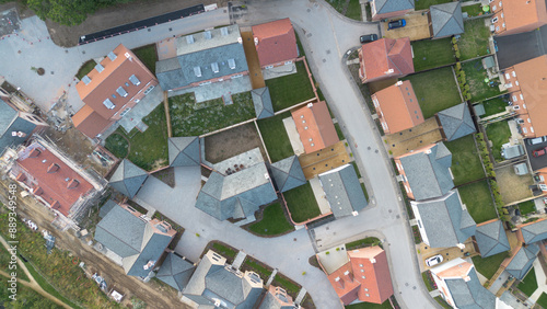 Aerial view looking down on some new build houses