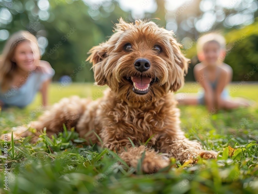 Joyful Family Bonding with Pets in a Lively Backyard Setting Joyful Family Bonding with Pets in a Lively Backyard Setting