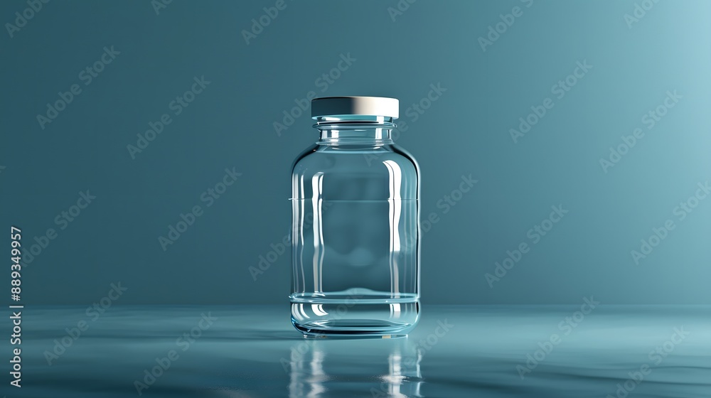 Clear glass medicine bottle, transparent liquid, white cap, soft blue background, bokeh effect, pharmaceutical photography, crystal clear focus, medical science concept, clean aesthetic.