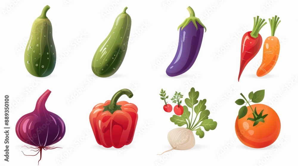 Modern and sleek vegetable icons set of 9, arranged symmetrically on white background Modern and sleek vegetable icons set of 9, arranged symmetrically on white background