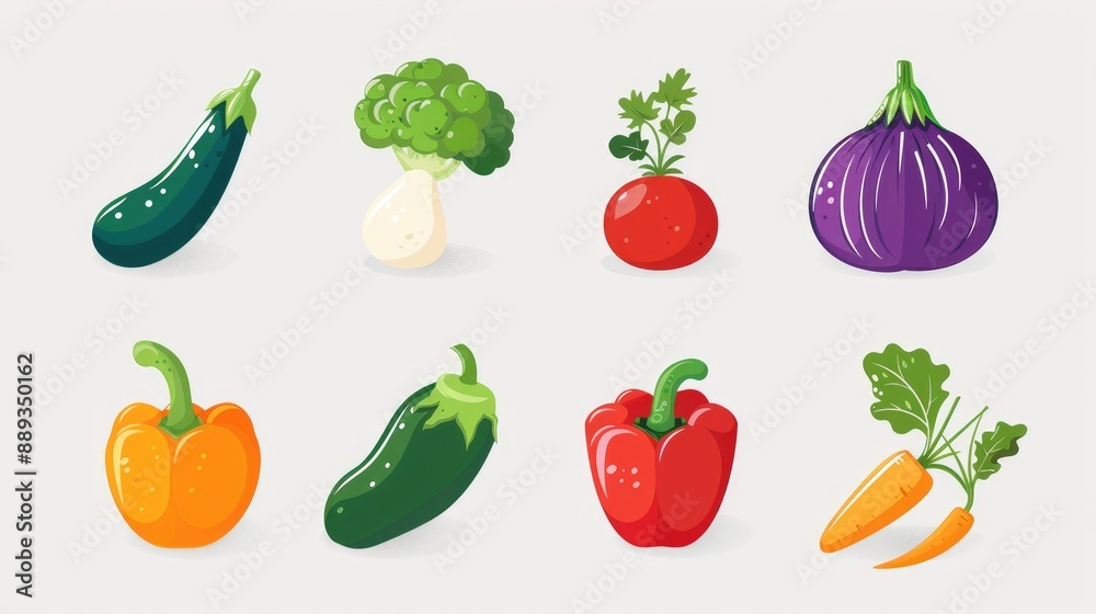 Modern and sleek vegetable icons set of 9, arranged symmetrically on white background Modern and sleek vegetable icons set of 9, arranged symmetrically on white background