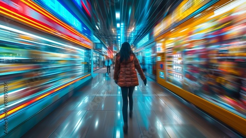 Supermarket interior with motion blur effect together with customers