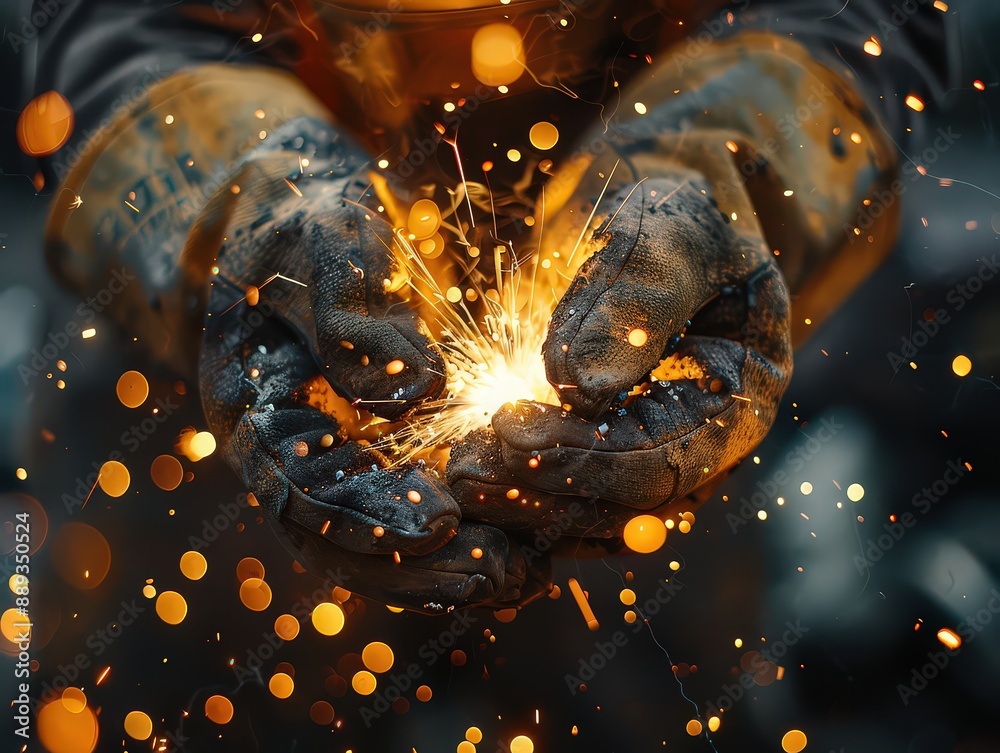 pair of gloved hands holding a small burst of sparks in a dramatic close-up, highlighting the intensity and energy of the scene. pair of gloved hands holding a small burst of sparks in a dramatic close-up, highlighting the intensity and energy of the scene.