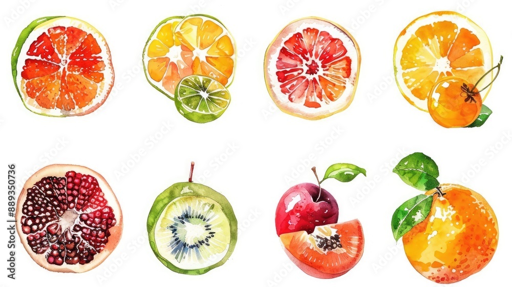 Modern and stylized fruit painting icons set of 9, arranged symmetrically on white background Modern and stylized fruit painting icons set of 9, arranged symmetrically on white background
