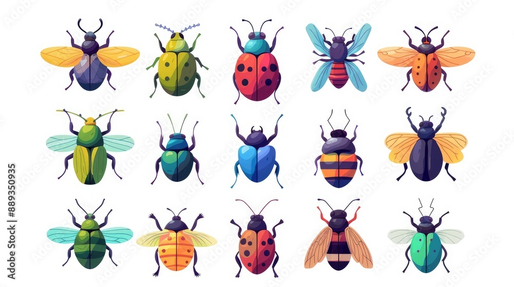 Modern and stylized set of 9 cartoon insect icons, arranged symmetrically on white background Modern and stylized set of 9 cartoon insect icons, arranged symmetrically on white background