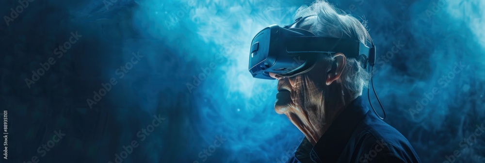 Obraz premium A senior man in VR headset poster with