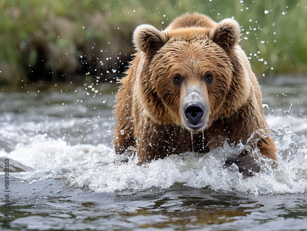 Majestic Bear Fishing in Rushing Stream with Lush Forest Background, Wildlife in Action Majestic Bear Fishing in Rushing Stream with Lush Forest Background, Wildlife in Action