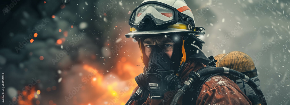Firefighter man determined to work at site. Firefighter man determined to work at site.