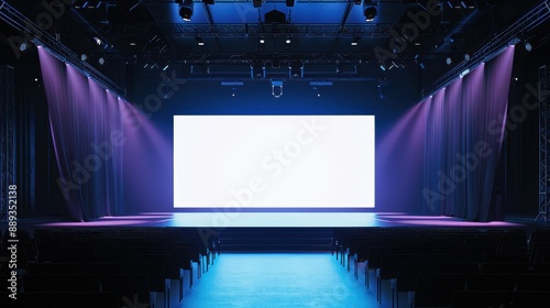 mockup of a large empty screen on a large and magnificent stage with purple spotlights and black chairs lined up, 3d render, 3d illustration