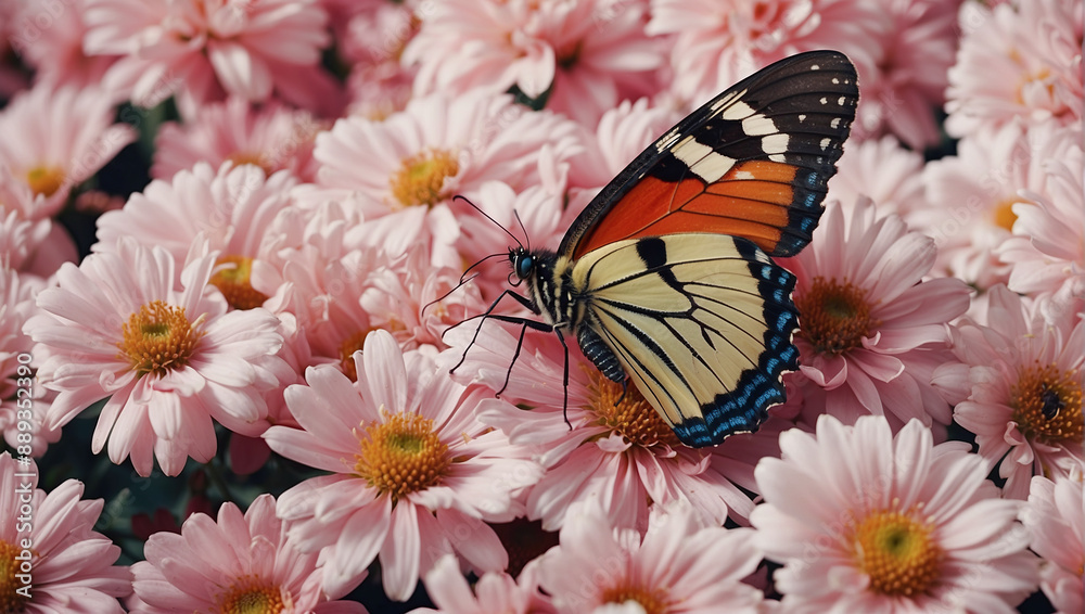 A butterfly with pink and black wings rests on pink flowers, with a pink background enhancing its vibrant colors and intricate details. A butterfly with pink and black wings rests on pink flowers, with a pink background enhancing its vibrant colors and intricate details.