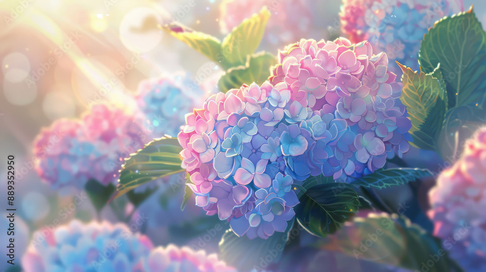 Illustration of hydrangea flowers in shades of blue and purple under sunlight, creating a fresh and healing atmosphere