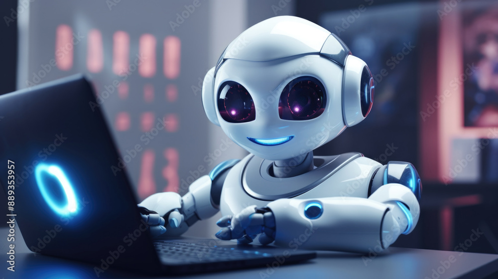 Cute robot with headphones working at a computer in futuristic office Cute robot with headphones working at a computer in futuristic office