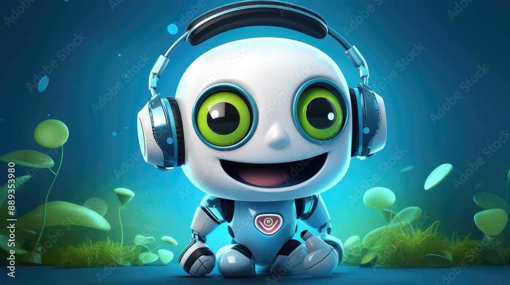 Smiling robot wearing headphones with glowing eyes in nature background Smiling robot wearing headphones with glowing eyes in nature background