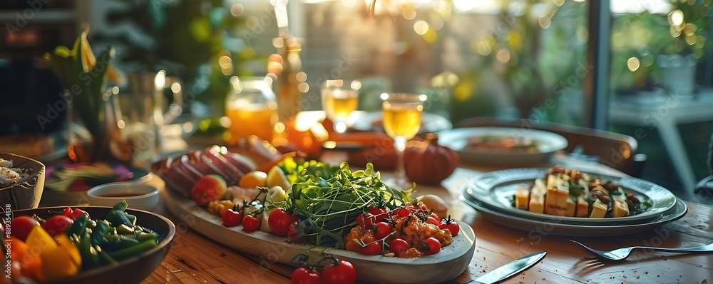 Closeup of a Delicious Salad with Cherry Tomatoes, Greens, and a Wooden Serving Board on a Table Closeup of a Delicious Salad with Cherry Tomatoes, Greens, and a Wooden Serving Board on a Table