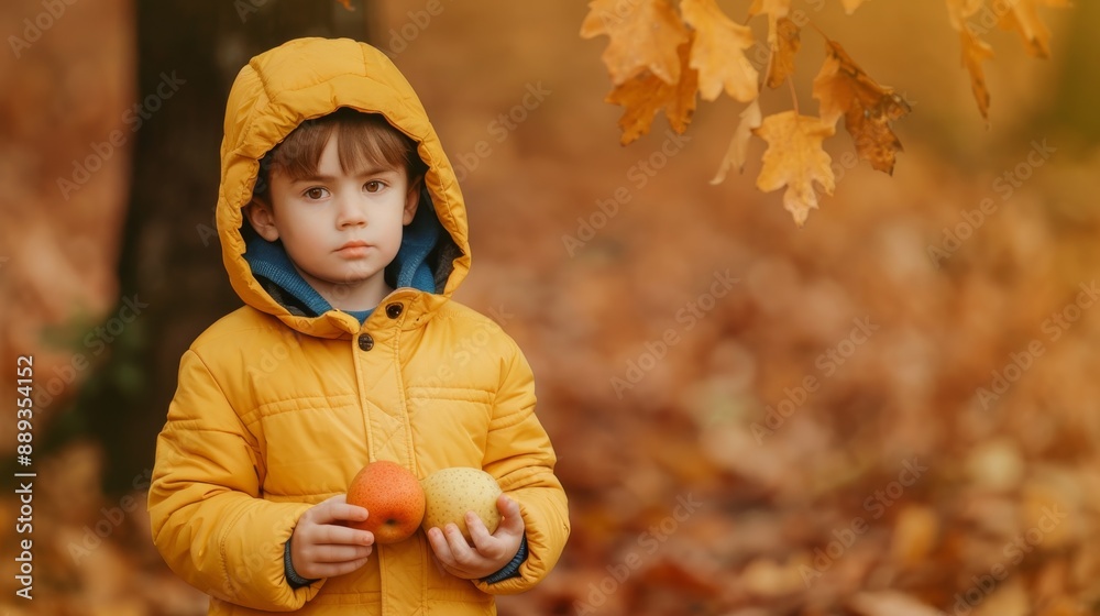 young boy in yellow jacket holding apples in autumn forest with golden leaves and blurred background.