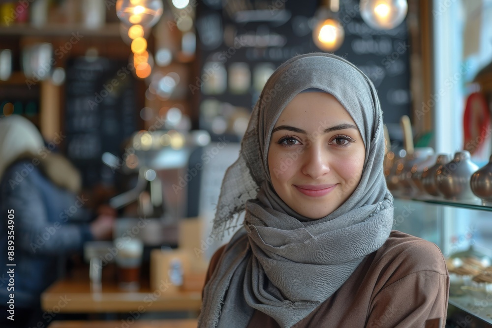 Young Woman in a Hijab Smiling in a Cafe Young Woman in a Hijab Smiling in a Cafe