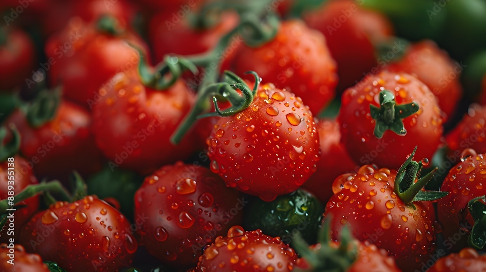 Fresh ripe cherry tomatoes, close-up shot, vibrant red color, green stems, multiple tomatoes filling frame, high detail, food photography, macro lens, natural lighting, organic produce. Fresh ripe cherry tomatoes, close-up shot, vibrant red color, green stems, multiple tomatoes filling frame, high detail, food photography, macro lens, natural lighting, organic produce.