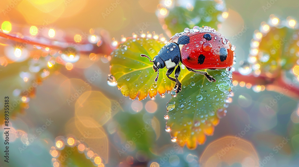 A close-up of a ladybug with bright red wings and distinctive black spots, moving along a moss-covered branch, surrounded by the lush greens of the forest. A close-up of a ladybug with bright red wings and distinctive black spots, moving along a moss-covered branch, surrounded by the lush greens of the forest.