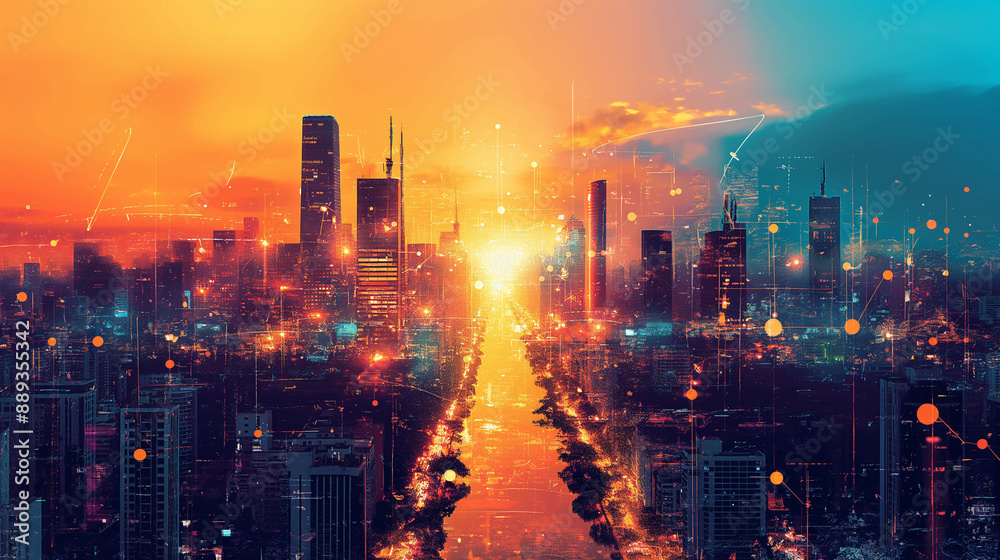 Fototapeta premium An image of a modern Cuiabá cityscape highlighting global connectivity, with elements like international trade routes, technology hubs, and diverse cultural influences. Live colors, realistic. Show pe