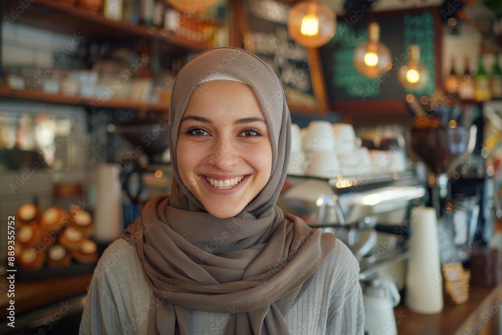Smiling Woman in a Hijab at a Cafe Smiling Woman in a Hijab at a Cafe